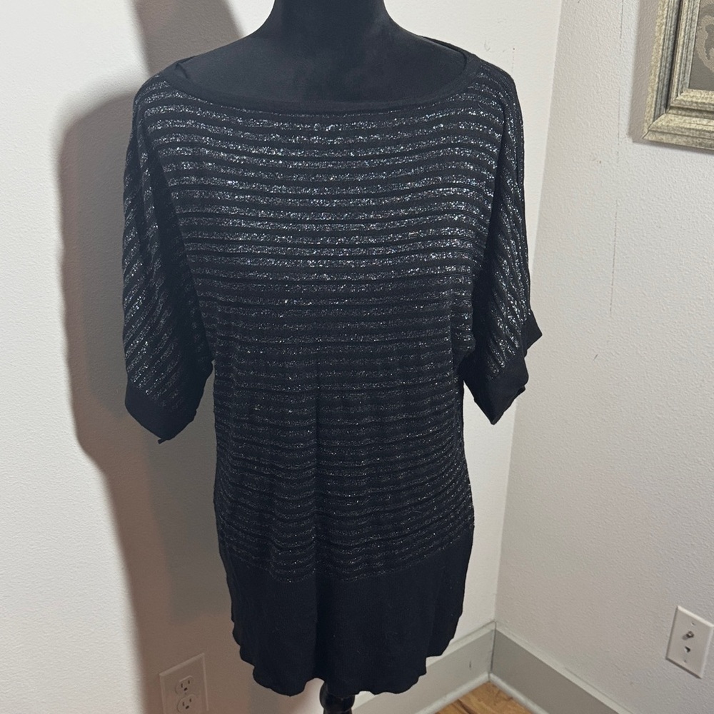 White House Black Market Black Silver Striped‎ pullover sweater Top Sz L